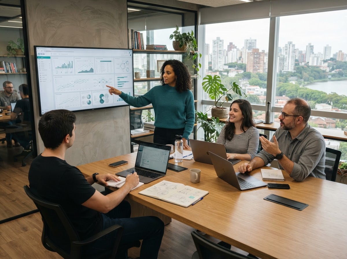 Nítido Trocório — equipe analisando dados financeiros em ambiente técnico